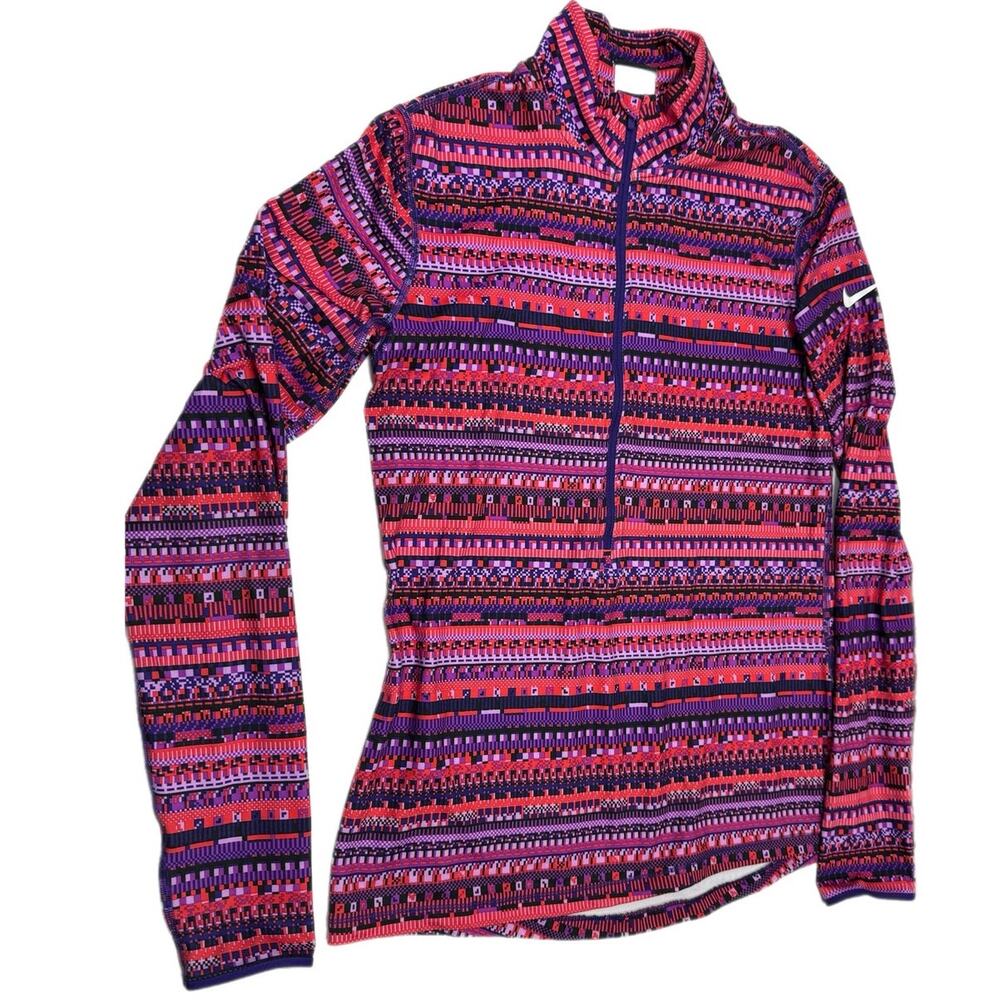 Nike Pro Half Zip Pullover Sz Womens L Red Purple Fuchsia Fair Isle Print Long